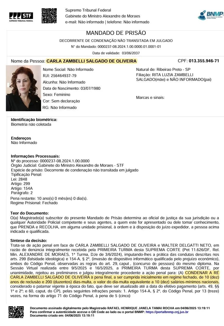 URGENTE: STF Determina Prisão Preventiva de Carla Zambelli e Bloqueio de Bens e Redes Sociais