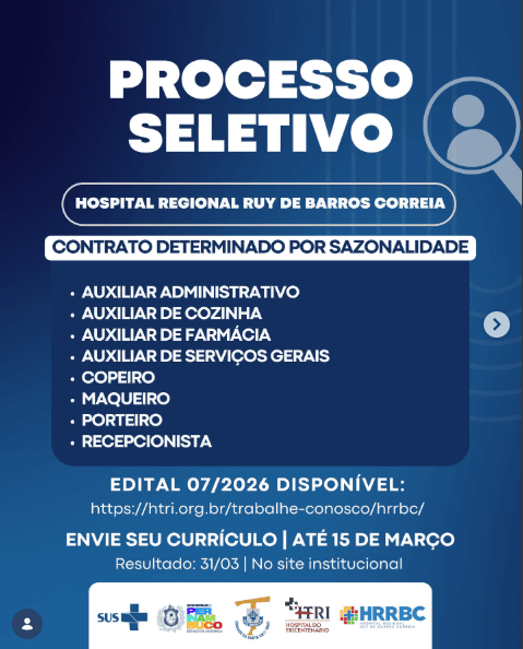 Hospital Regional Ruy de Barros Correia abre processo seletivo com vagas em diversas áreas