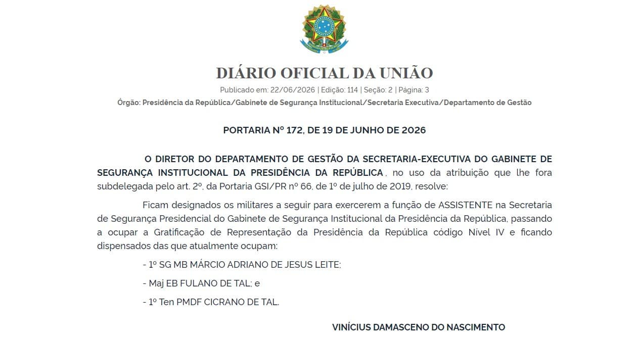 Portaria do GSI causa polêmica ao nomear militares com nomes incomuns no Diário Oficial