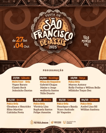 Petrolândia divulga programação completa da Festa de São Francisco de Assis 2025 com grandes atrações musicais