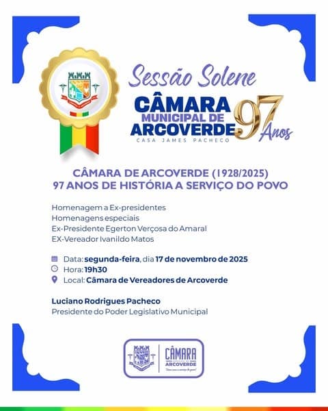 Câmara de Arcoverde celebra 97 anos com Sessão Solene e homenagens a ex-presidentes