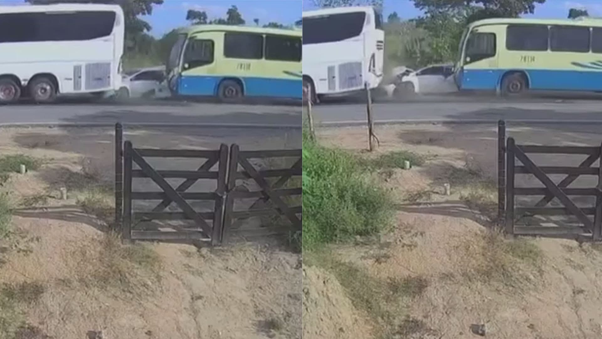 Veículo de passeio fica completamente destruído após ser prensado entre dois ônibus na PE-90