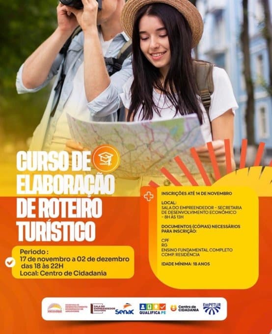 Último dia: inscrições para curso gratuito de Roteiro Turístico em Arcoverde terminam hoje