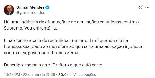 Ministro Gilmar Mendes se retrata após declaração polêmica envolvendo o governador Romeu Zema