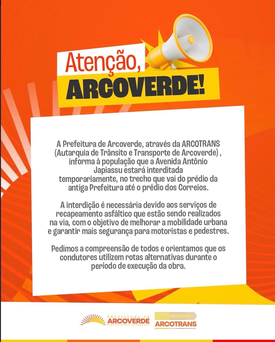 Avenida Antônio Japiassu será interditada temporariamente para recapeamento asfáltico em Arcoverde