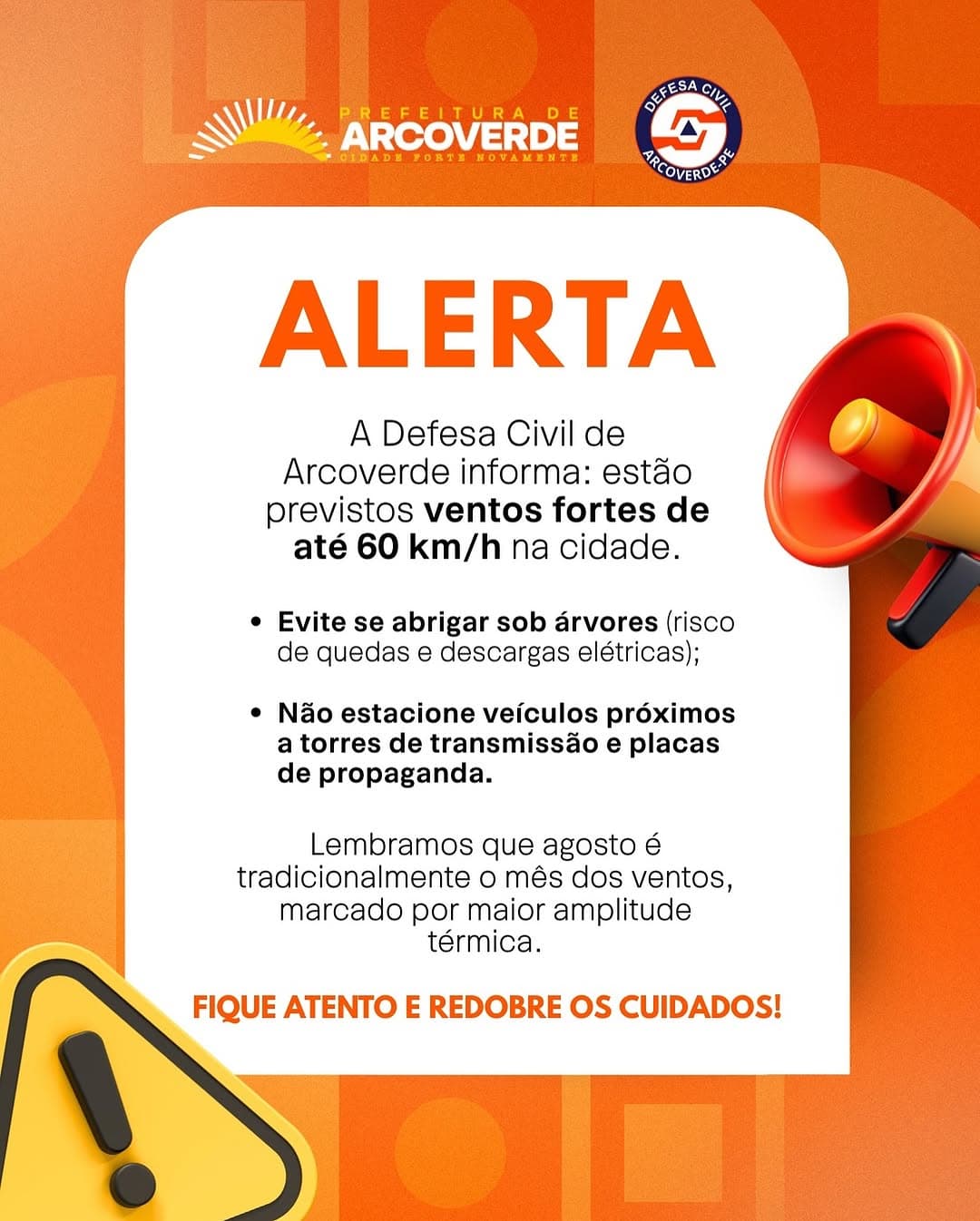 Defesa Civil alerta para ventos fortes em Arcoverde nesta semana