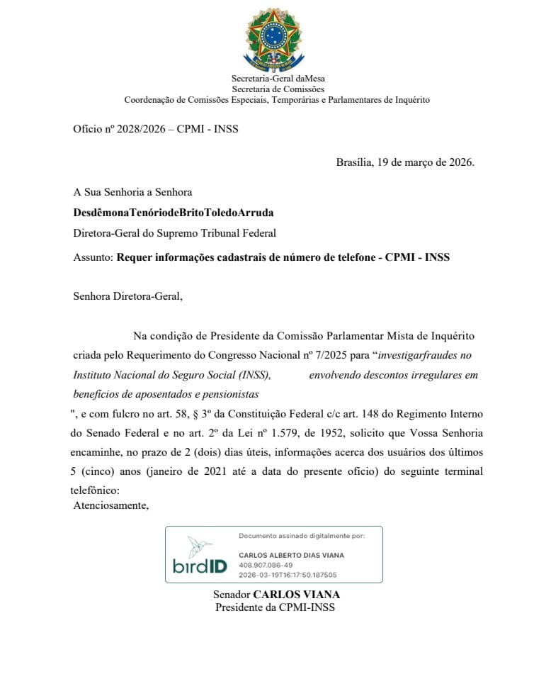 Presidente da CPMI do INSS aciona STF para identificar autor de mensagens a Daniel Vorcaro
