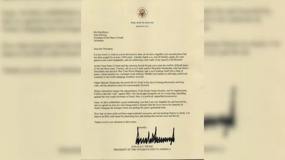 Trump envia carta pedindo perdão presidencial a Netanyahu