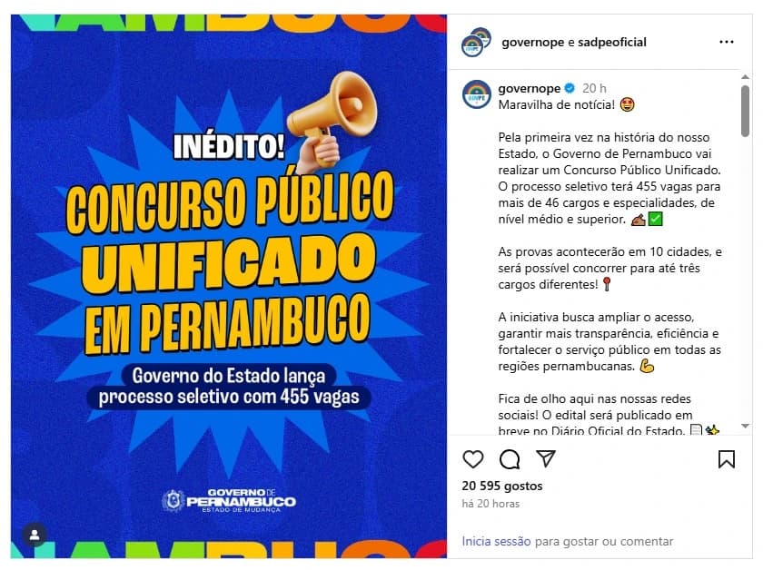 Concurso Público Unificado de Pernambuco: veja a distribuição das 455 vagas anunciadas pelo Governo do Estado