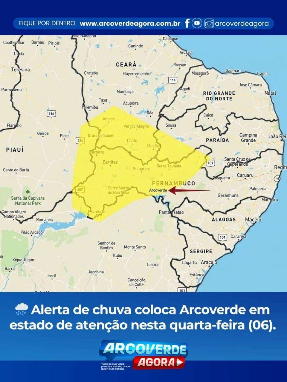 INMET emite alerta amarelo de perigo potencial para chuvas intensas em Arcoverde e região